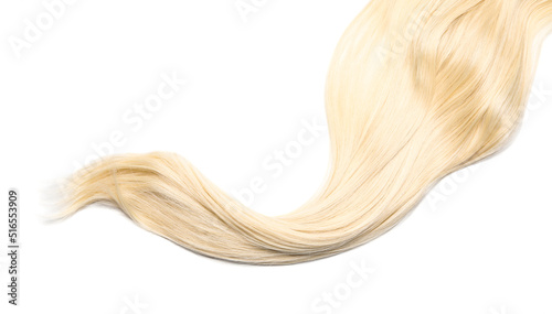 Lock of beautiful blonde straight hair isolated on white, top view
