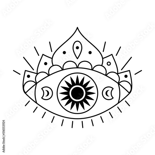 Evil Seeing eye symbol. Occult mystic emblem, graphic design tattoo. Esoteric sign alchemy, providence sight