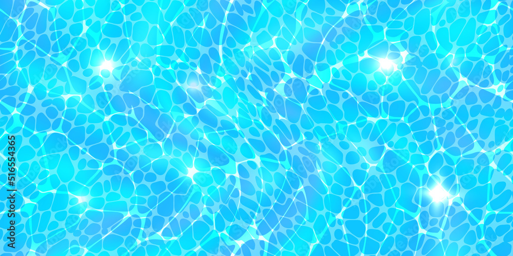 Ocean surface top view seamless texture with sunlight glare reflect, caustic ripples and waves. Clear blue water pattern. Bright vector summer time background.