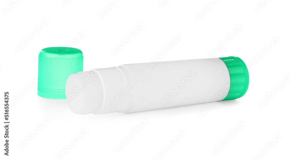 Blank glue stick with green cap on white background Blank glue stick with green cap on white background