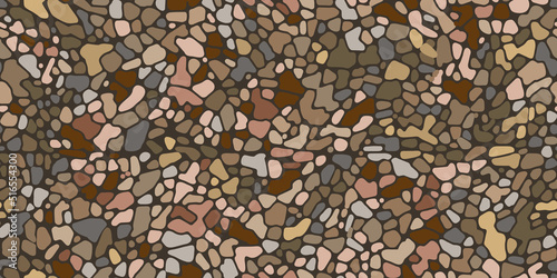 Brown seamless pebble mosaic organic floor pattern. Vector background. Tile decoration for path, wall and paving. Design of kitchen, bathroom, outdoor. Repeating texture