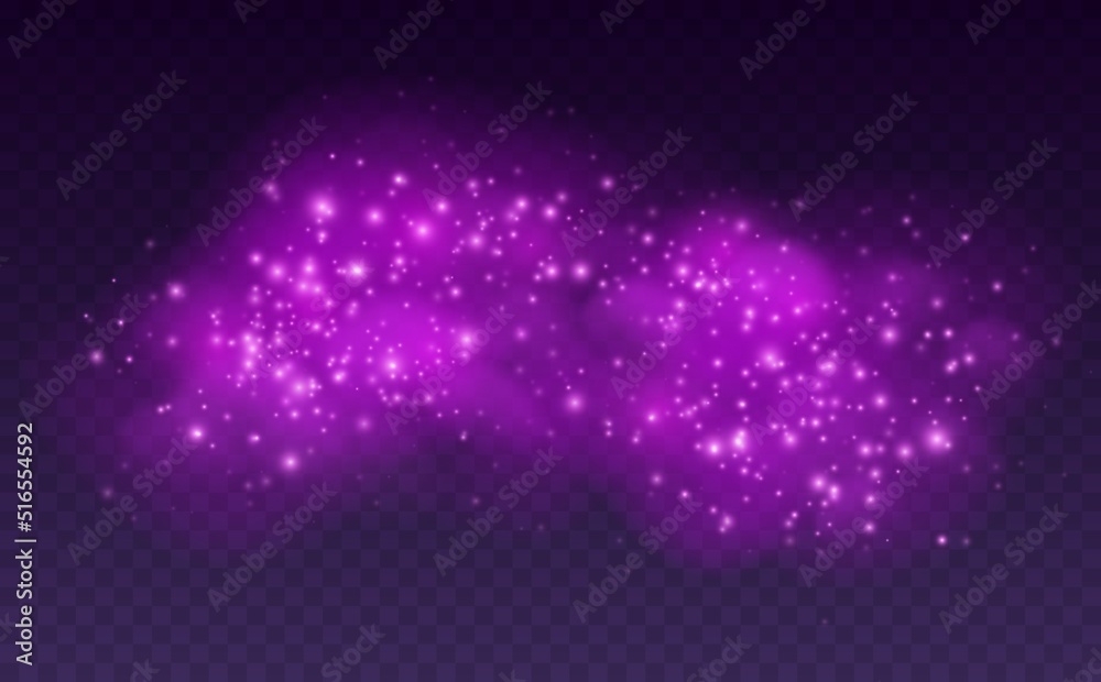 Magic cloud with sparkles, purple fairy stardust with sparks. Shiny fog for a witch spell, cosmic dust with glowing flares isolated on a dark background. Vector illustration. Magic cloud with sparkles, purple fairy stardust with sparks. Shiny fog for a witch spell, cosmic dust with glowing flares isolated on a dark background. Vector illustration.
