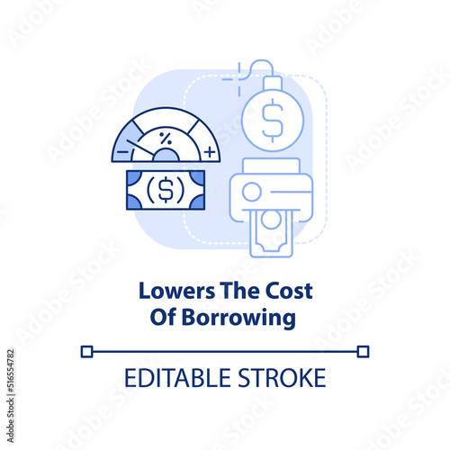 Lowers cost of borrowing light blue concept icon. Low interest rate. Inflation abstract idea thin line illustration. Isolated outline drawing. Editable stroke. Arial, Myriad Pro-Bold fonts used