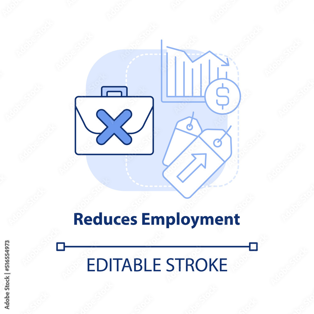 Reduces employment light blue concept icon. Economic correlation. Effect of inflation abstract idea thin line illustration. Isolated outline drawing. Editable stroke. Arial, Myriad Pro-Bold fonts used