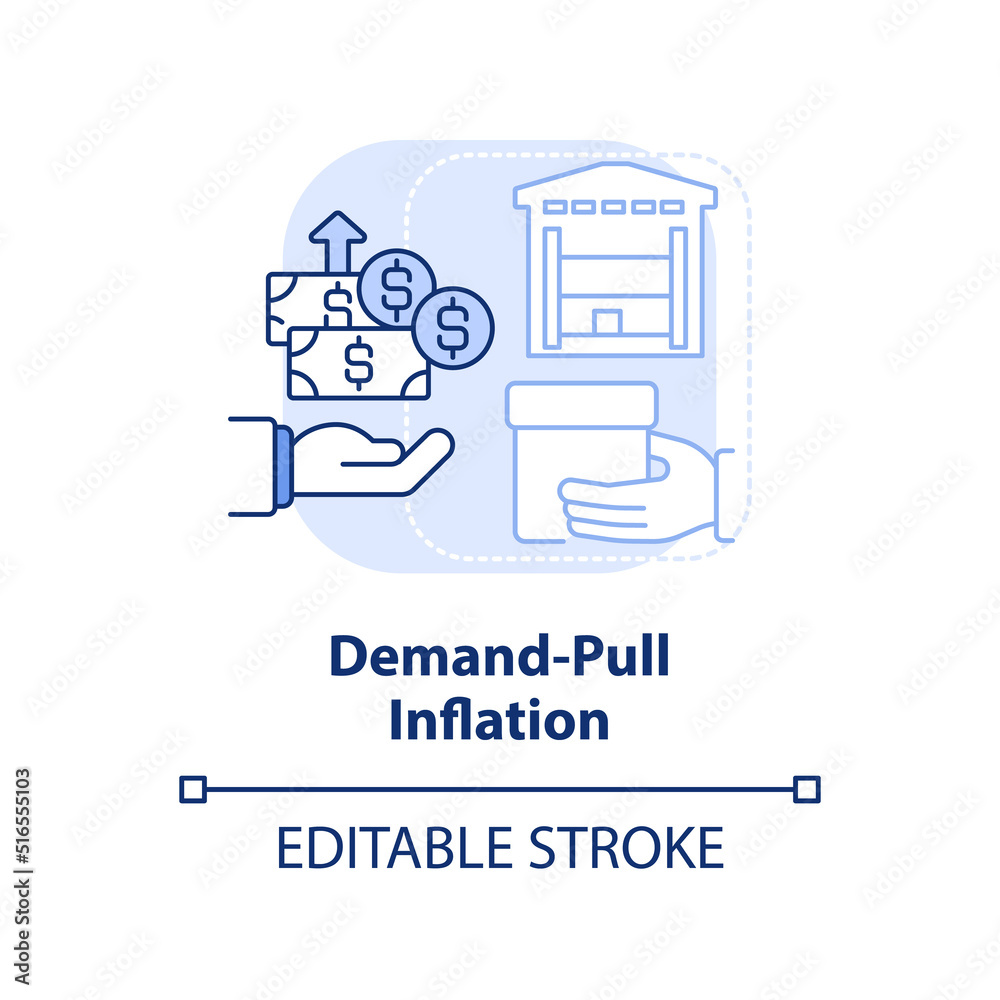 Demand pull inflation light blue concept icon. Demand excess supply. Inflation type abstract idea thin line illustration. Isolated outline drawing. Editable stroke. Arial, Myriad Pro-Bold fonts used