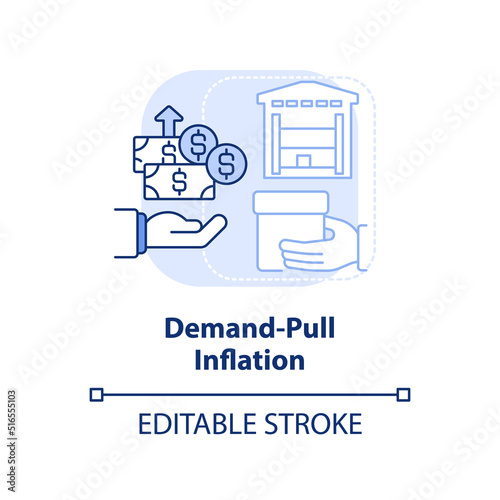 Demand pull inflation light blue concept icon. Demand excess supply. Inflation type abstract idea thin line illustration. Isolated outline drawing. Editable stroke. Arial, Myriad Pro-Bold fonts used