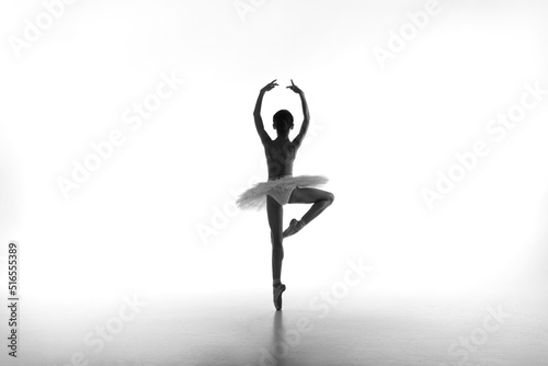 Young beautiful ballerina in a blacklight. Silhouette in white background. Art, motion, action, inspiration concept.
