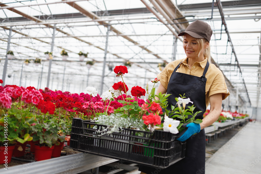 Woman working in a greenhouse with flowers