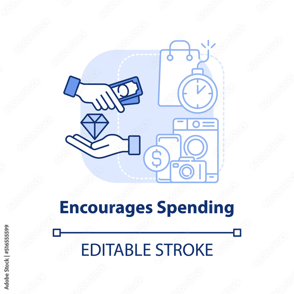 Encourages spending light blue concept icon. Stock up on goods. Effect of inflation abstract idea thin line illustration. Isolated outline drawing. Editable stroke. Arial, Myriad Pro-Bold fonts used