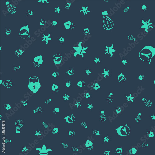 Set Fleur De Lys, Hot air balloon, Castle in the shape of heart and Eiffel tower on seamless pattern. Vector