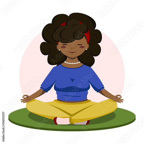 Yogi in the lotus position. Black cute girl is doing yoga.