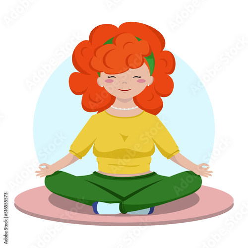 Yogi in the lotus position.  Red-haired cute girl is doing yoga.