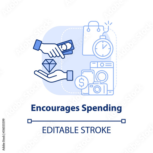 Encourages spending light blue concept icon. Stock up on goods. Effect of inflation abstract idea thin line illustration. Isolated outline drawing. Editable stroke. Arial, Myriad Pro-Bold fonts used