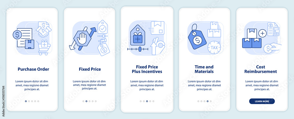 Agreements in procurement light blue onboarding mobile app screen. Walkthrough 5 steps editable graphic instructions with linear concepts. UI, UX, GUI template. Myriad Pro-Bold, Regular fonts used
