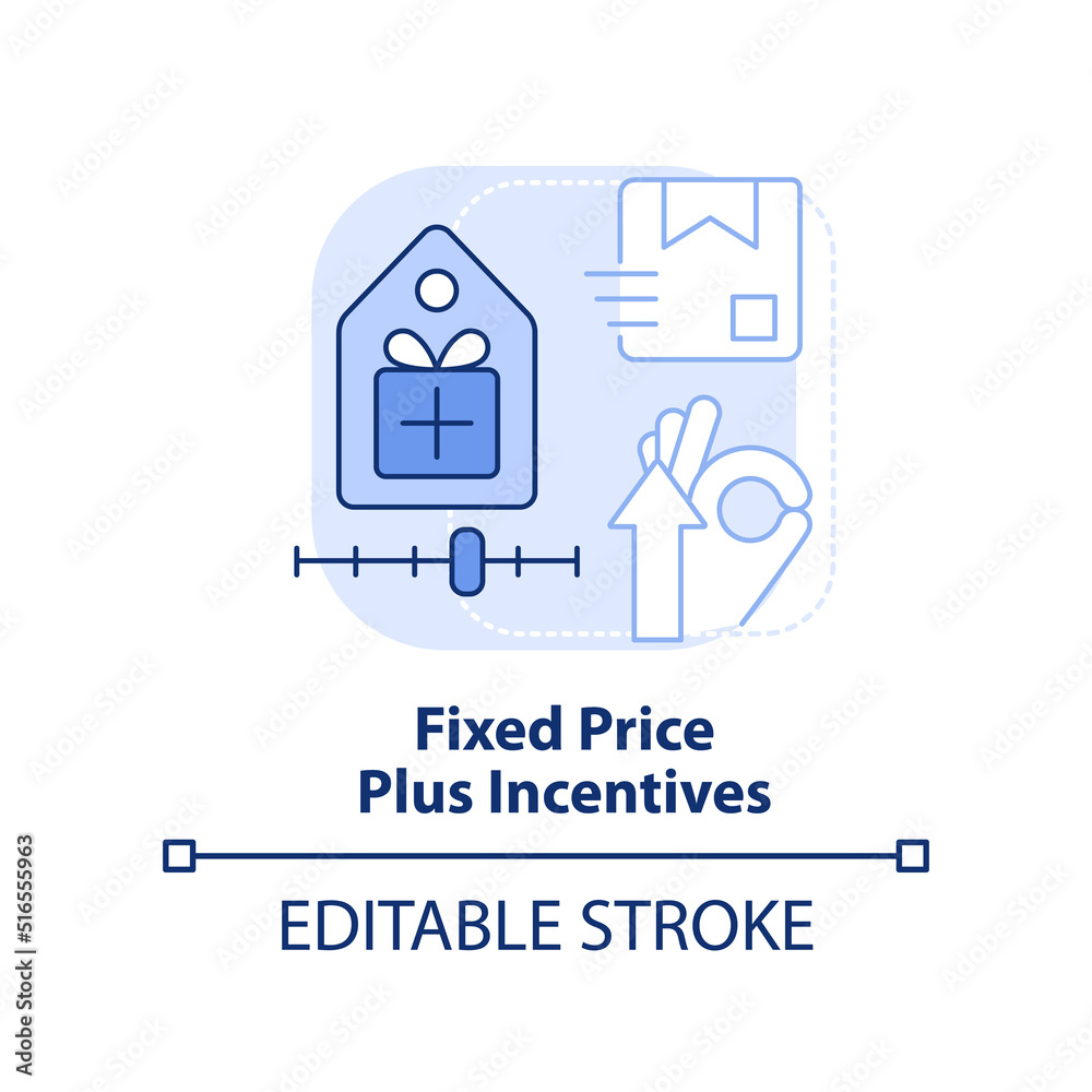 Fixed price plus incentives light blue concept icon. Common contract type abstract idea thin line illustration. Isolated outline drawing. Editable stroke. Arial, Myriad Pro-Bold fonts used Fixed price plus incentives light blue concept icon. Common contract type abstract idea thin line illustration. Isolated outline drawing. Editable stroke. Arial, Myriad Pro-Bold fonts used