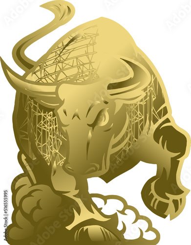 Golden bull with 3d line on the surface, vector illustration 