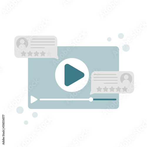 Illustration of internet or web video player with rating stars messages. Vector flat cartoon