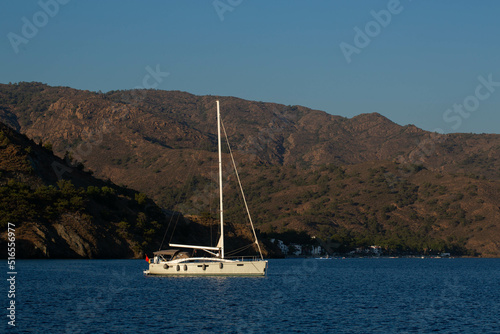 sailing boat on the Aegean Sea in the evening sunlight near Marmaris in Turkey