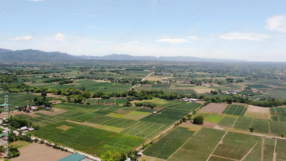 Aerial view of green wide field with houses, trees and mountain with clear blue sky during daytime in 4K quality. Aerial view of green wide field with houses, trees and mountain with clear blue sky during daytime in 4K quality.