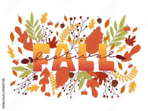 Fall Festival hand writing word and fall leaves background. Autumn leaf in style. Vector illustration template poster.