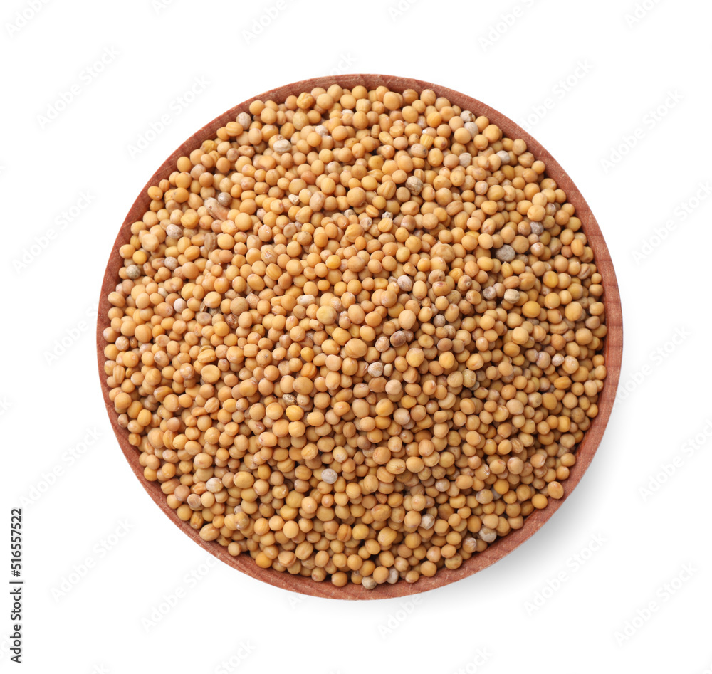 Bowl with mustard seeds isolated on white, top view