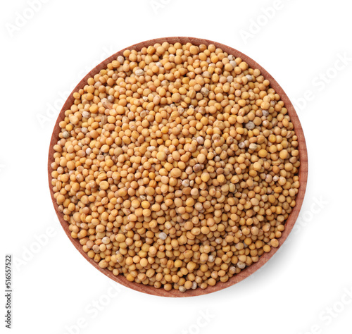 Bowl with mustard seeds isolated on white, top view