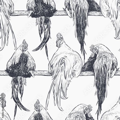 Seamless background of sketches cocks sitting on roost