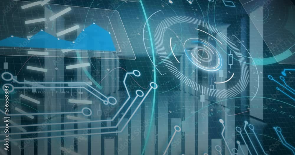 Animation of digital interface with 5g text over blue background Animation of digital interface with 5g text over blue background