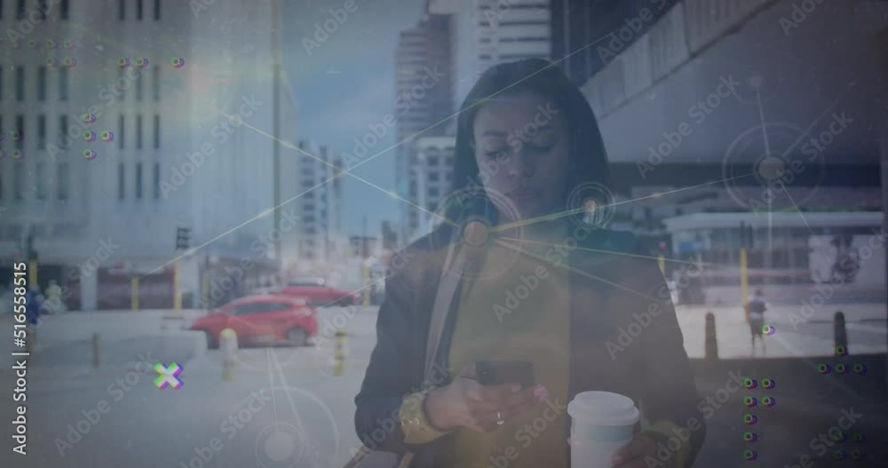 Animation of network of connections over biracial woman with smartphone and coffee and clouds