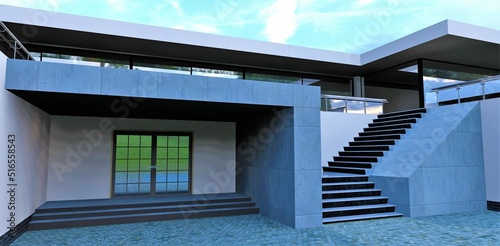 Stunning concept of an entrance to the luxury high tech house. Concrete finishing. 3d render. Nice picture for house decor websites.