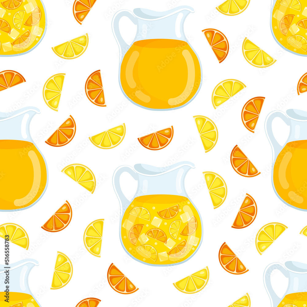 Seamless pattern with orange lemon juice in a glass decanter with pieces of fruit. Vector illustration of citrus lemonade in a jug for fabric, textures, wallpapers, posters, cards. Editable elements. Seamless pattern with orange lemon juice in a glass decanter with pieces of fruit. Vector illustration of citrus lemonade in a jug for fabric, textures, wallpapers, posters, cards. Editable elements.