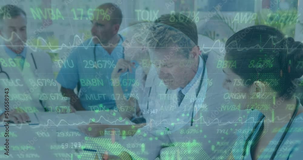 Animation of financial data over diverse doctors talking Animation of financial data over diverse doctors talking
