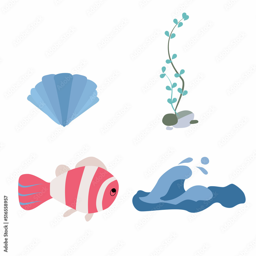 Marine set.Shell,algae, fish, wave. Vector isolated illustration on white background.