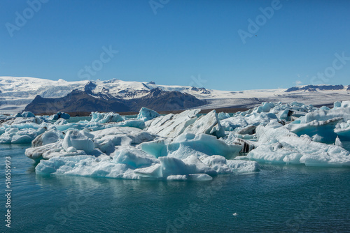 glacial lagoon in Iceland full of ice and icebergs