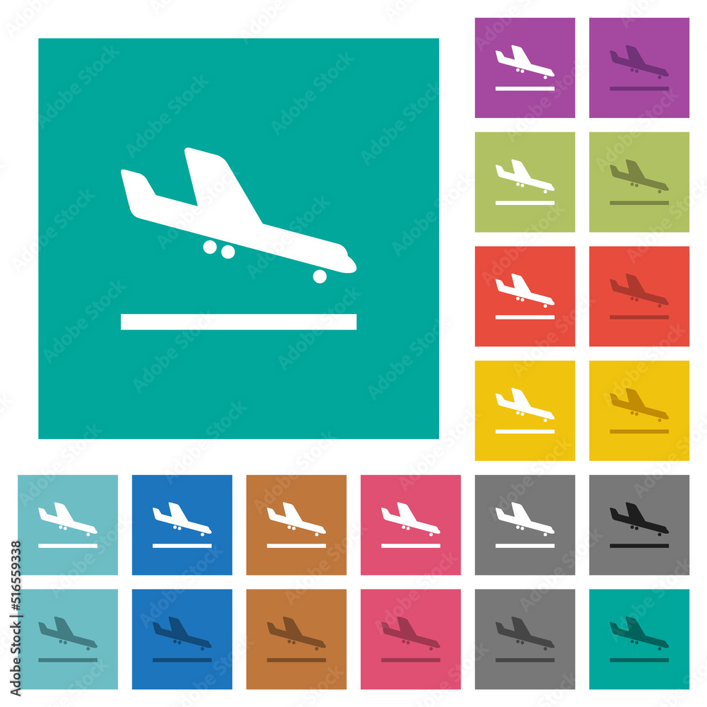 Airplane landing square flat multi colored icons