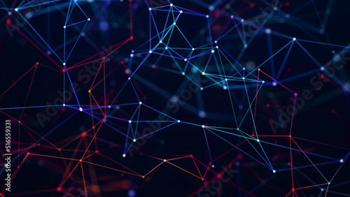Double plexus of lines and dots. Connected particles and lines of two colours. Network geometry background. 3d rendering