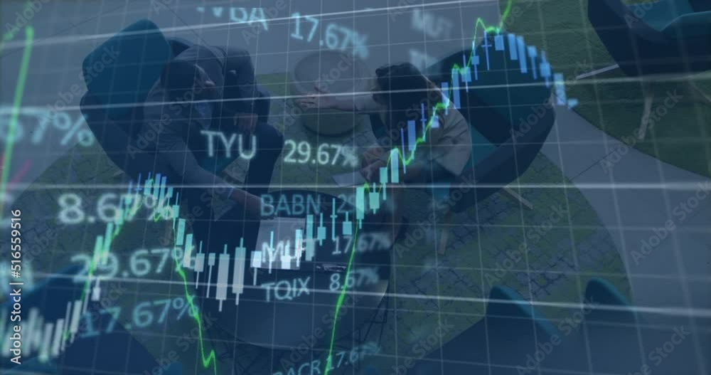 Animation of financial data and graphs over diverse coworkers in office