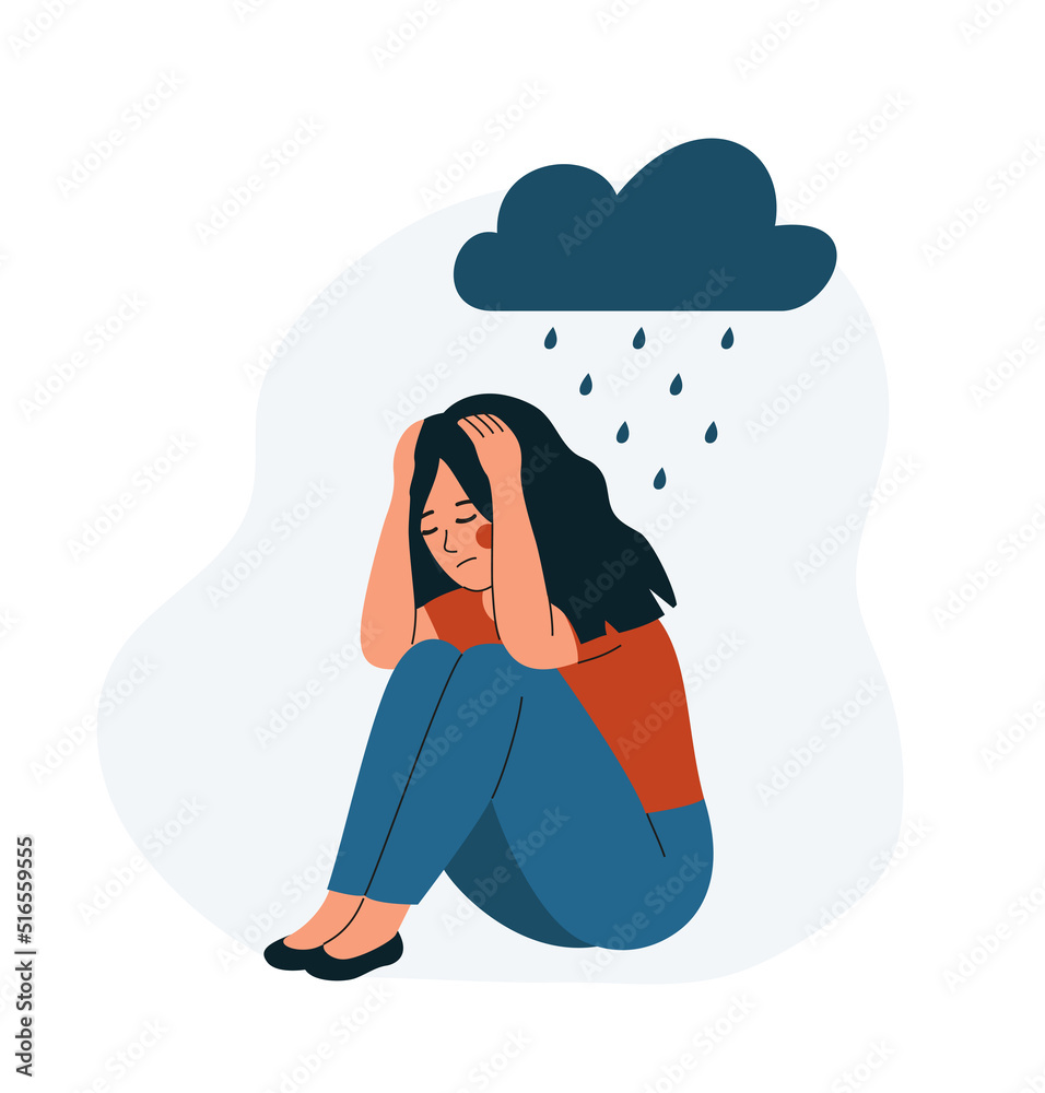 Sad woman sitting and hugging her knees. Depressed girl sitting in the  rain. Vector flat cartoon illustration Stock Vector | Adobe Stock