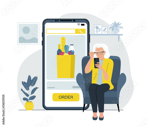 Elderly woman ordering groceries for home delivery from her smartphone. Vector illustration.