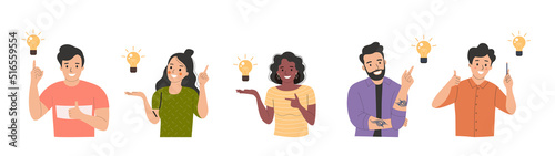 Different young women and men surrounded by a question mark and finding new idea. Shiny light bulb. Flat style cartoon vector illustration.