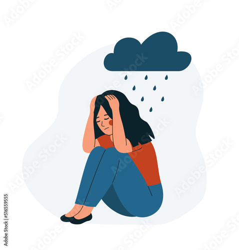Sad woman sitting and hugging her knees. Depressed girl sitting in the rain. Vector flat cartoon  illustration
