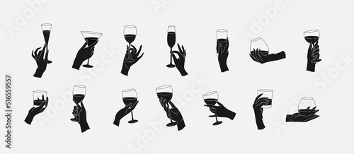 Collection of different woman hands gestures hold wineglass or drink cocktails. Minimal silhouette trendy style. Line icons or symbol of female hand for logo in restaurant or bar. Vector photo