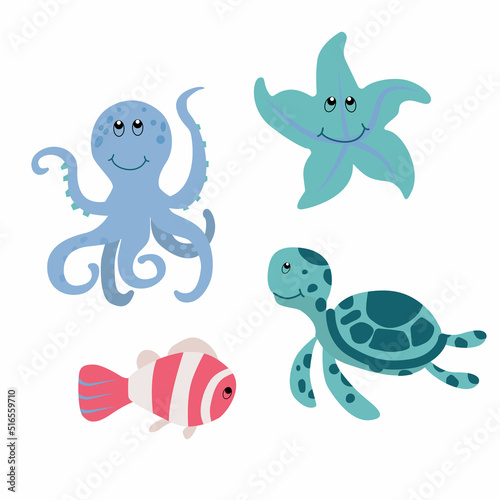 Sea animals. Octopus, fish, turtle, starfish. Vector isolated illustration on white background.