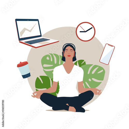 Time management concept. Businesswoman practicing meditation and yoga with office icons on the background. Vector illustration. 