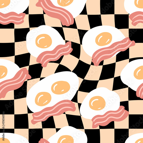 Fried eggs with bacon slices on trippy grid background seamless pattern. Simple design for any purposes. Hand drawn vector illustration.