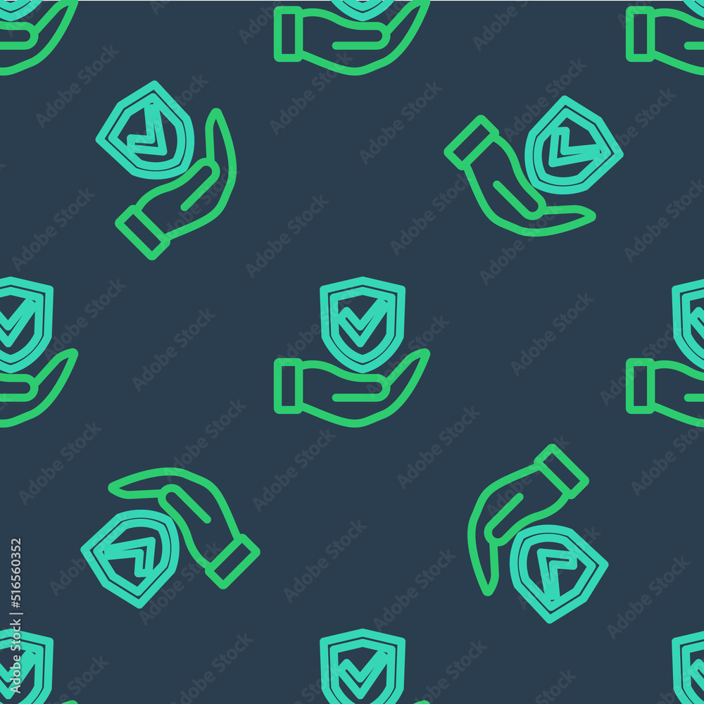 Line Shield in hand icon isolated seamless pattern on blue background. Insurance concept. Guard sign. Security, safety, protection, privacy concept. Vector Line Shield in hand icon isolated seamless pattern on blue background. Insurance concept. Guard sign. Security, safety, protection, privacy concept. Vector