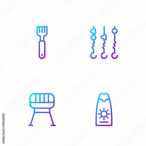 Set line Sunscreen cream in tube, Barbecue grill, Fork and Grilled shish kebab on skewer. Gradient color icons. Vector