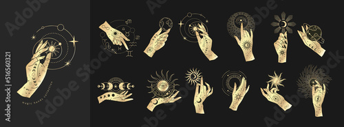 Spiritual esoteric magic logo or talisman with woman hands in silhouette style with stars, sacred geometry moon and sun. Alchemy mystic tattoo object logo template. Vector
