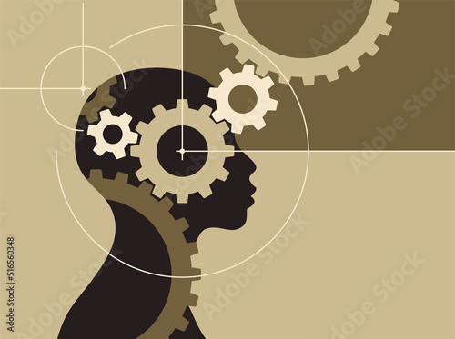 Human silhouette with gear mechanism in head