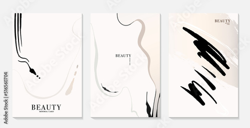 Abstract minimalist poster beige black graphic design , brochure cover, invitation, modern flyer  in vector . Wave brush strokes shapes